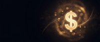 Golden dollar sign glowing with magical light effects and sparkling particles on dark background for finance and investment concepts.