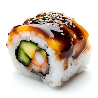 Fresh sushi roll with shrimp, cucumber, rice wrapped in nori, topped with eel sauce and sesame seeds on white background, close-up view for menu or advertising.
