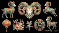 Colorful ornamental ram and goat designs with decorative patterns, lantern, flowers, and cross. Isolated on transparent background, ready for t-shirts, clipart, stickers, sublimation, and print-on-demand projects.