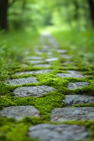 Mossy stone path through green garden with shallow depth of field. Natural cobblestones covered in bright moss create peaceful walkway leading into blurred background.