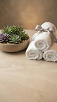 Spa wellness setup with rolled white towels tied with ribbon and succulent plants in wooden bowl on natural surface for relaxation and self-care.
