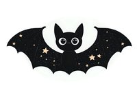 Cute black bat with starry wings and big eyes against white background, stylized Halloween character design isolated for creative projects and decorative use.