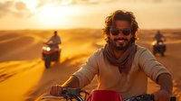 Young bearded man in sunglasses riding quad bike in desert sand dunes during golden sunset hour with other riders in background, adventure tourism concept.