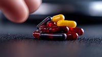 Colorful pharmaceutical capsules and pills in red, yellow, and dark purple on textured black surface with hand reaching in background.