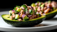 Fresh tuna ceviche served in avocado boat with red onion, cucumber, and cilantro garnish on white plate, macro food photography with dark background.