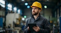Professional male engineer with yellow hard hat using digital tablet in modern industrial factory warehouse for project management and quality control.