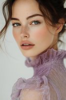 Close up portrait of young woman with natural freckles, blue eyes and messy updo wearing delicate lavender sheer blouse against white background. Perfect for beauty and fashion.
