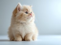 Adorable cream colored Persian kitten with blue eyes sitting on white background, looking up with curious expression. Fluffy fur and sweet face capture pure feline charm.