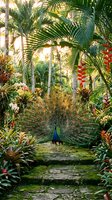 Peacock displaying colorful plumage in lush tropical garden with palm trees and exotic plants creating natural paradise setting for wildlife photography.