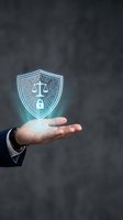 Businessman hand presenting glowing digital shield with scales of justice and lock symbol representing legal protection and cybersecurity services.