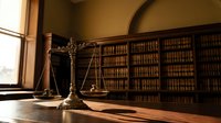 Vintage brass scales of justice on wooden desk in traditional law library with leather-bound books, symbolizing legal system and jurisprudence.