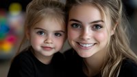 Young Caucasian mother and daughter with bright smiles share tender moment against blurred background, displaying genuine happiness and family bonding.