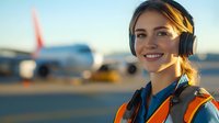 Young Caucasian female aviation worker in safety vest and headphones smiling at airport with commercial airplane in background during golden sunset light.
