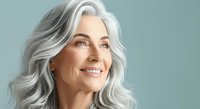 Mature woman with long silver hair and warm smile against soft blue background, representing confidence and aging gracefully.
