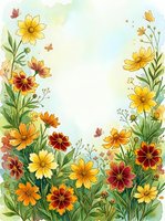 Watercolor wildflower border frame with yellow orange cosmos flowers and butterflies on white background for spring summer greeting cards invitations.