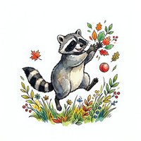 Playful raccoon character juggling autumn leaves and berries surrounded by colorful fall foliage on isolated white background, ready for children's designs and merchandise.