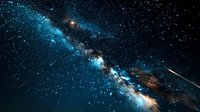Stunning night sky view of Milky Way galaxy with bright stars and meteor shower streaking across dark space, cosmic celestial landscape in vibrant blue tones.