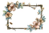 Vintage rectangular frame decorated with delicate watercolor flowers in soft peach and dusty blue tones on transparent background, ready for wedding stationery.