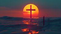Silhouette of religious cross against dramatic orange sunset over water, creating spiritual atmosphere with reflections on rippling surface in dark teal tones.
