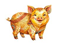 Cheerful golden pig with ornamental patterns and decorative details on white background, isolated clipart suitable for greeting cards, children's illustrations, and festive design projects.