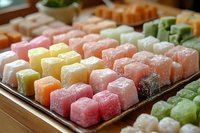 Colorful assorted fruit jellies and gummy candies arranged in rows at confectionery shop display case for sweet treats and dessert selection.