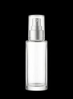 Clear glass spray bottle with silver metallic pump dispenser, isolated on transparent background. Ready for cosmetics, perfume, skincare packaging design, sublimation, print-on-demand products and commercial mockups.