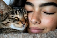Young woman with freckles and closed eyes sharing tender moment with sleepy tabby cat, faces touching in close-up view against soft textile background.