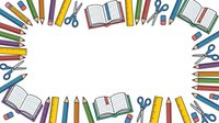 School supplies arranged in a circle on white background, including colored pencils, markers, scissors, rulers, and open notebooks, ready for design use.