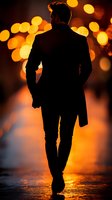 Silhouette of man in business attire walking on wet street at night with glowing orange bokeh lights creating dramatic urban atmosphere.