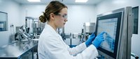 Female scientist in white lab coat and safety glasses analyzing data on computer screen in modern laboratory facility.