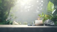 Tranquil spa composition with burning candle, healing crystals and tropical leaves on stone surface against blurred green nature background.