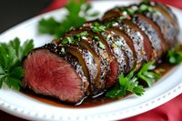 Juicy sliced beef tenderloin with balsamic reduction sauce garnished with fresh parsley on white plate, medium rare meat preparation for restaurant menu.