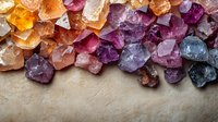 Raw mineral crystals in vibrant purple, orange, and golden hues arranged on textured stone background, creating natural border composition with copy space.