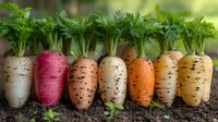 Fresh rainbow carrots with green tops lined up in soil showing variety of natural colors from white through pink, orange, and yellow, organic farm vegetables.