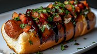 Gourmet hot dog topped with fresh tomato salsa, herbs, and balsamic glaze served on white plate against dark background.