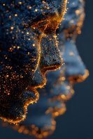Abstract golden particles flowing in dynamic waves with glowing bokeh lights on dark blue background for digital art and technology designs.