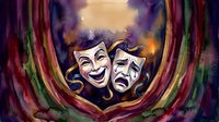 Young adult performer in theatrical makeup wearing comedy and tragedy masks against vibrant curtain backdrop. Suitable for entertainment, drama, theater promotion, and performing arts content.