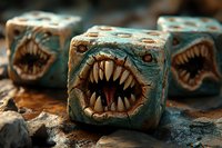 Scary cube-shaped monster with sharp fangs and menacing expression on textured stone surface, fantasy gaming piece in turquoise and brown tones.