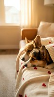 Two adorable corgi dogs cuddling together under cozy blanket on sofa in warm sunlit living room creating peaceful domestic scene for pet lovers.