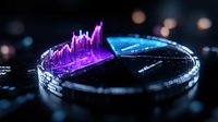 Futuristic financial graph with glowing purple peaks on circular chart against dark background with bokeh lights. Data visualization concept for business analytics.