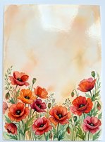 Watercolor poppy flowers border frame with soft peachy background, botanical floral design for greeting cards, invitations and spring decorations.