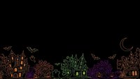Spooky Halloween night scene with colorful haunted houses, bats, pumpkins and crescent moon on black background for seasonal design projects.
