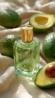 Green perfume bottle with gold cap surrounded by fresh avocados on beige fabric, showcasing natural cosmetic ingredients for skincare.