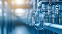 Glass container with bubbling liquid connected to industrial pipes and valves in pharmaceutical or chemical laboratory setting with blue tinted lighting.