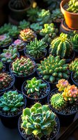 Collection of miniature succulent plants and small cacti in black plastic pots with soil and gravel, showcasing diverse shapes and vibrant green colors in natural light.