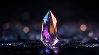 Glowing crystal with purple and pink hues on dark background with bokeh lights, mystical mineral formation illuminated from within against sparkling surface.