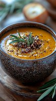 Creamy pumpkin soup garnished with roasted seeds, fresh rosemary sprig and black pepper in rustic ceramic bowl. Autumn comfort food styling.