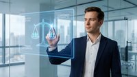 Professional businessman interacting with holographic legal scales interface in modern office environment for corporate law and justice technology.