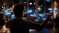 Silhouette of man interacting with glowing blue holographic displays in dark room, futuristic technology concept showing virtual reality interface and innovation.