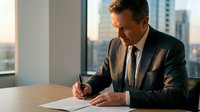 Middle-aged man with dark hair and light skin, wearing formal business attire, signing documents at desk with city skyline view for corporate and professional concepts.